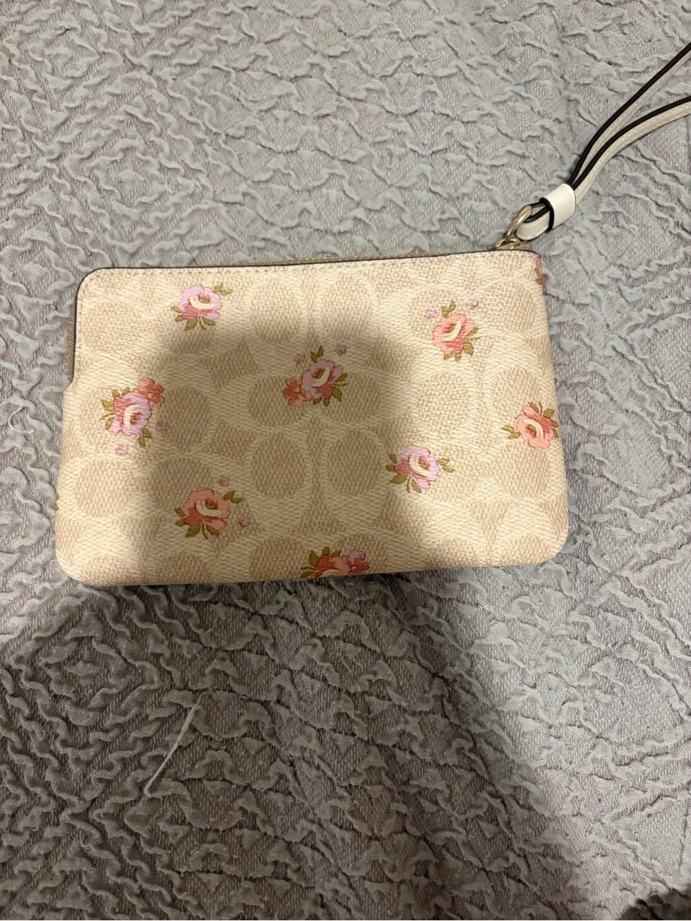 Coach Beige Floral Signature Wristlet with Pink Roses